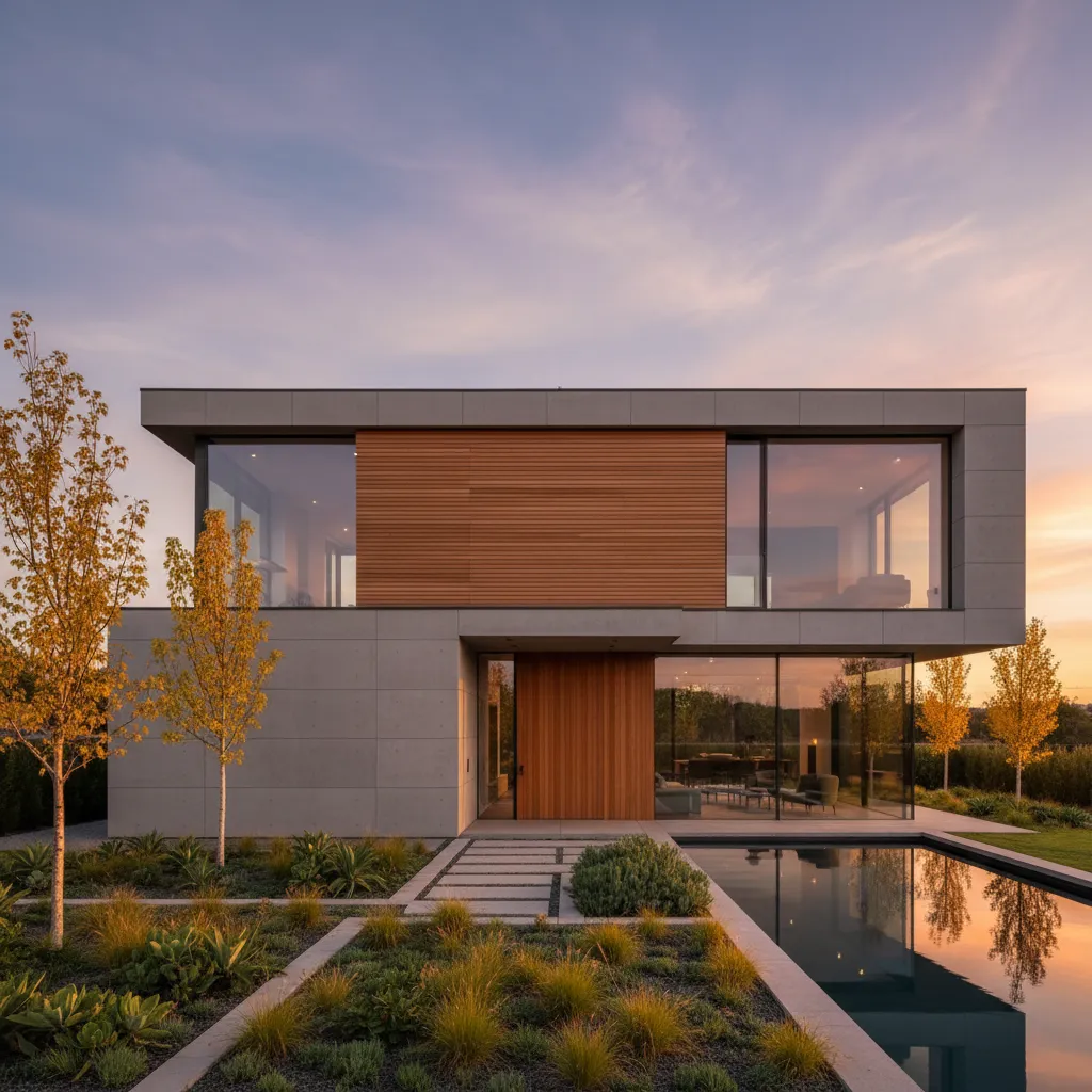 Exterior de casa moderna de forma cuadrada con ventanales grandes