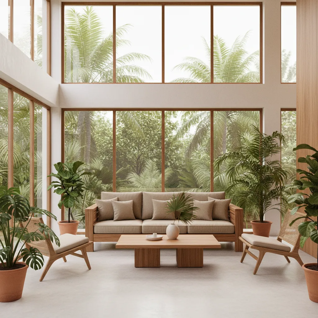 Bright modern Sri Lankan living room with wooden sofa and cane chairs