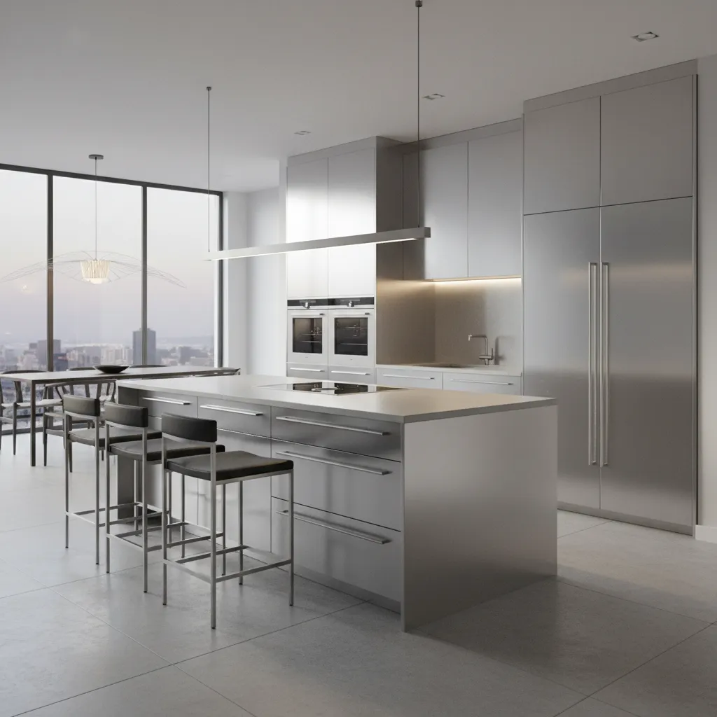 3d rendered stainless steel modular kitchen interior design