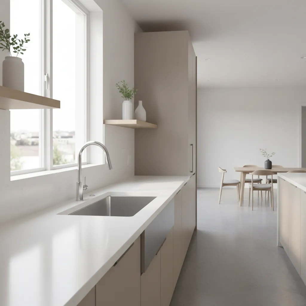 clean modern stainless steel kitchen sink installed in contemporary kitchen counter