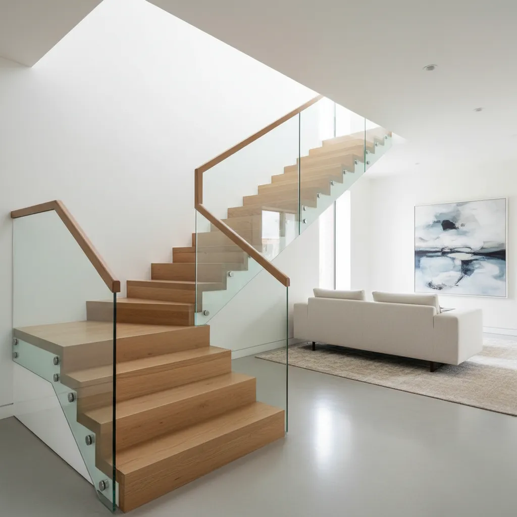 Modern wooden stairs with glass handrails in room with white sofa and abstract wall art