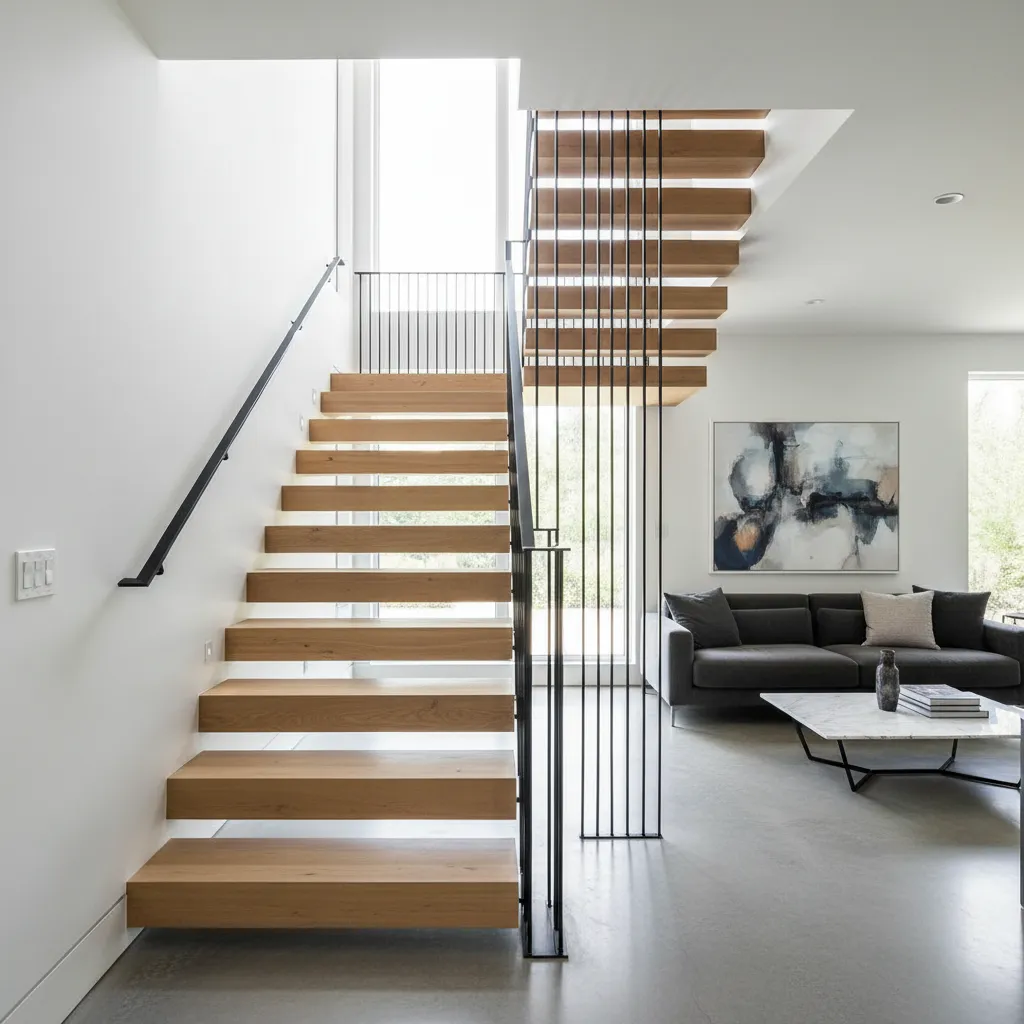 Minimalist wooden stairs with black metal railing next to a grey sofa and marble table