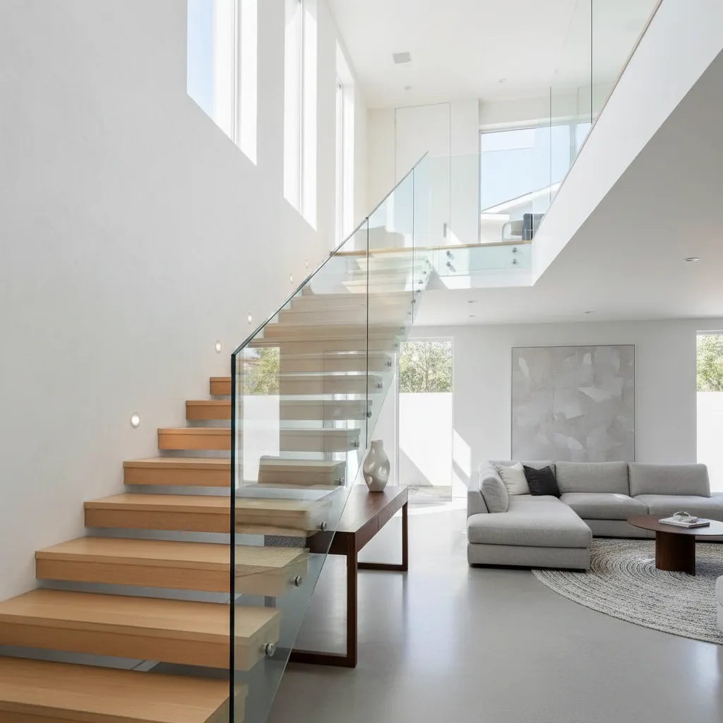 Wooden stairs with glass railing in a bright living room with grey sofa and white wall