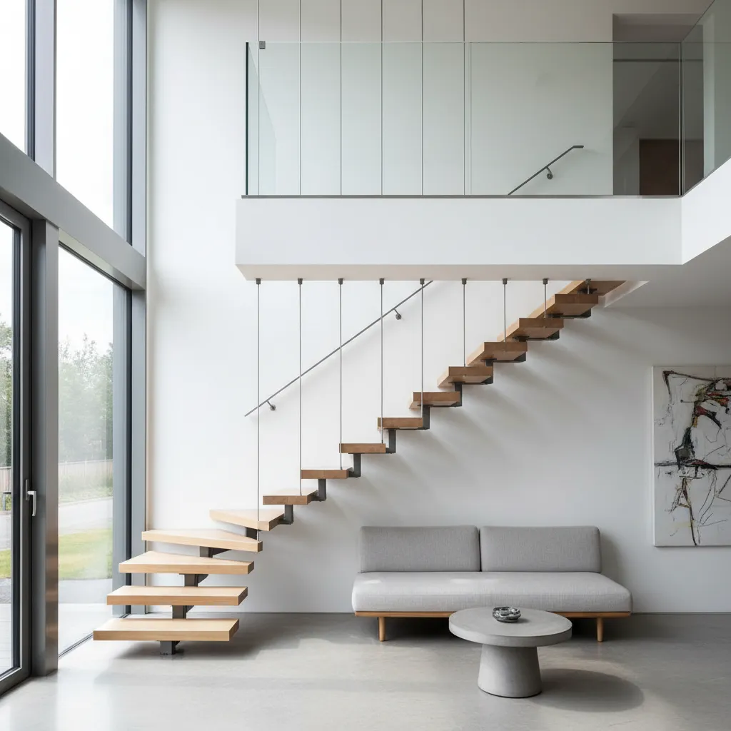Escalera moderna conectando dos plantas en una vivienda contemporánea