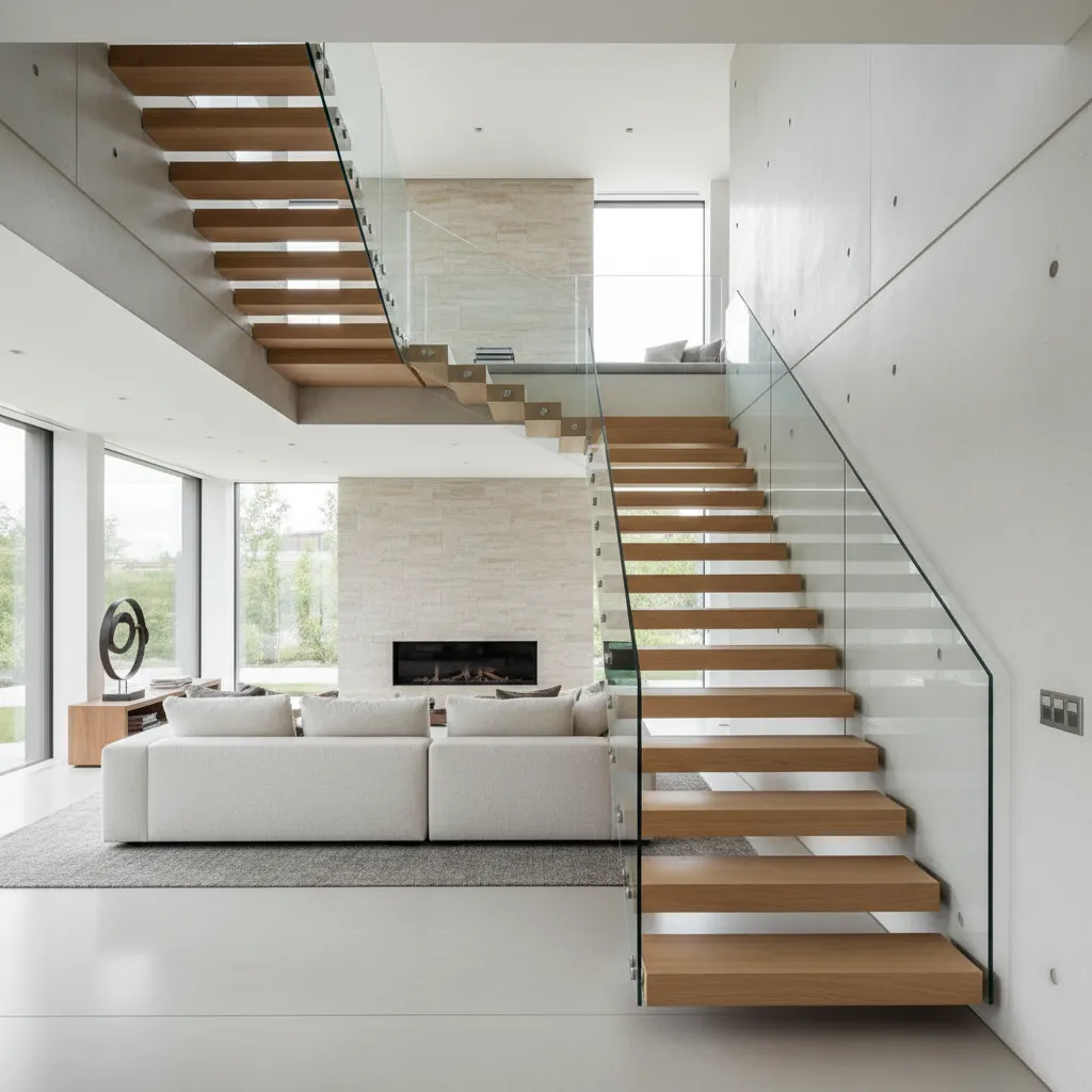 Escalera moderna conectando planta baja y segundo piso en una casa contemporánea