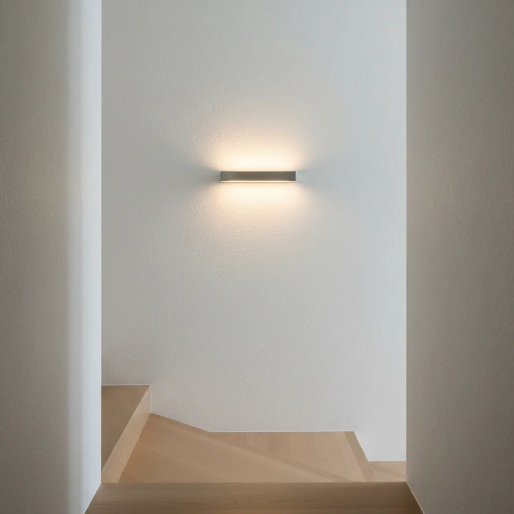 Minimalist staircase with light wood steps and sleek horizontal wall light on a white wall