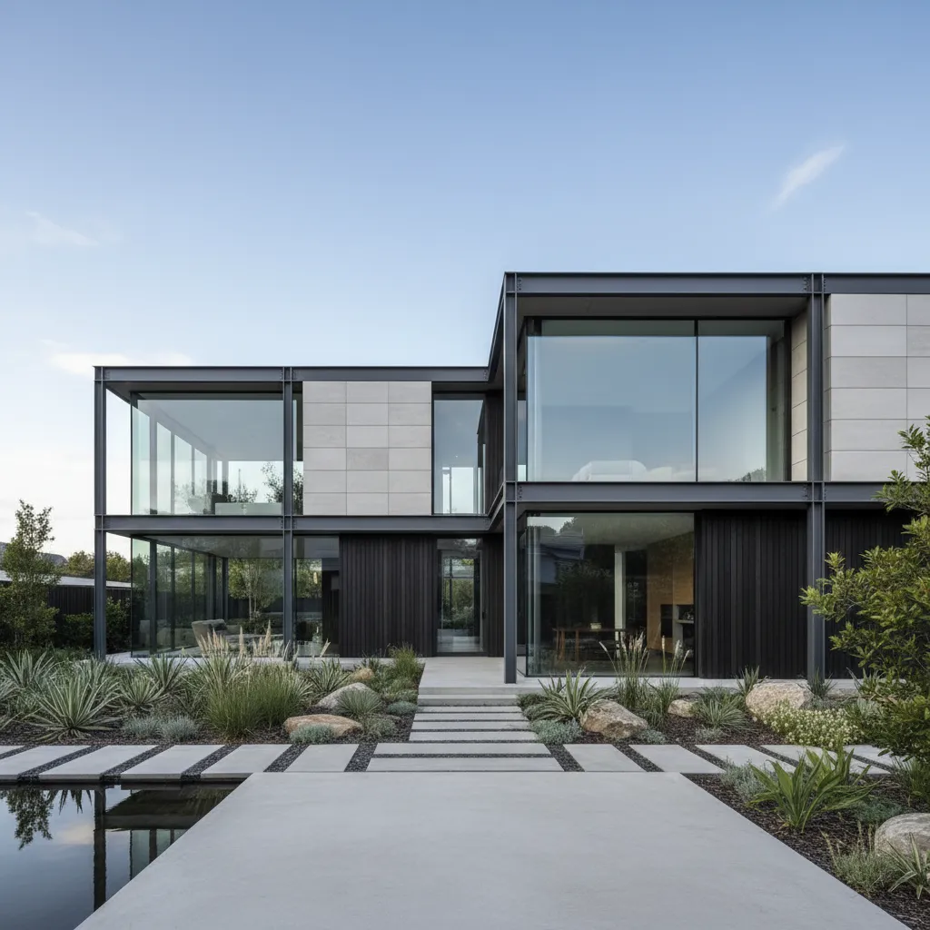 Casa moderna terminada construida con sistema steel framing y grandes ventanales