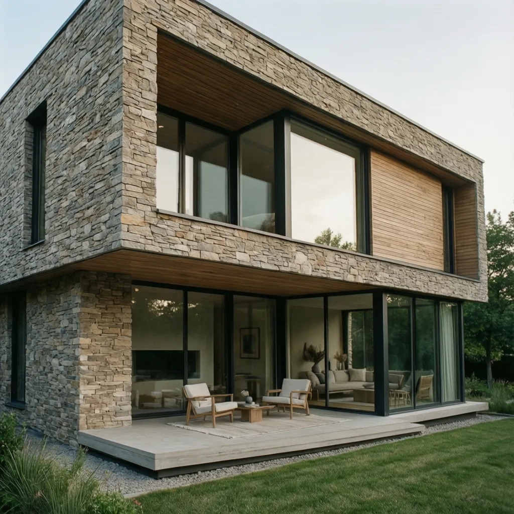 Detalle de fachada moderna con revestimiento de piedra y ventanas grandes