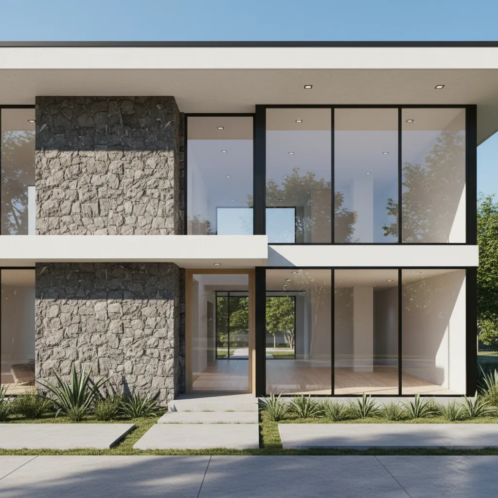 Detalle de fachada moderna con piedra natural y ventanas amplias