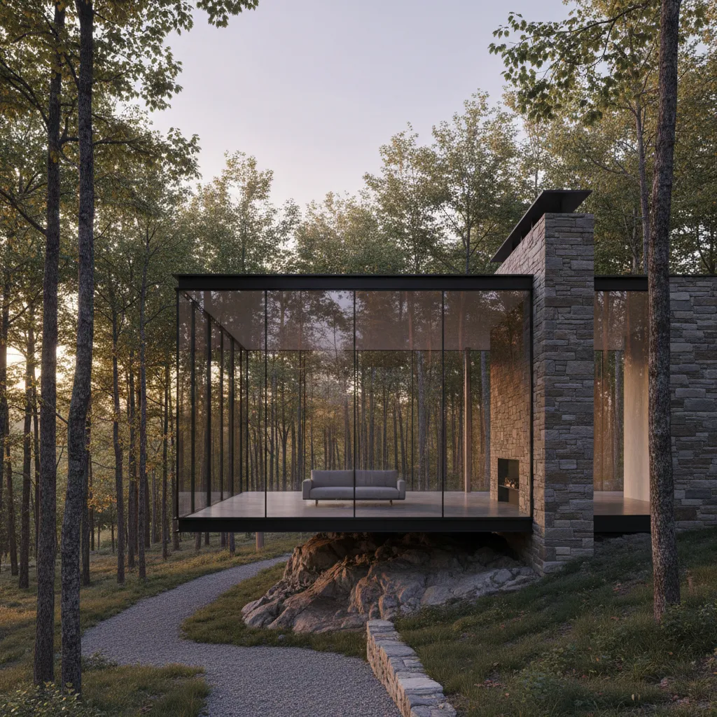 Casa moderna que combina piedra natural con grandes superficies de vidrio