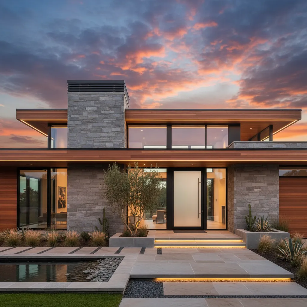 Modern stone house exterior at sunset with wood panels glass doors and warm outdoor lighting