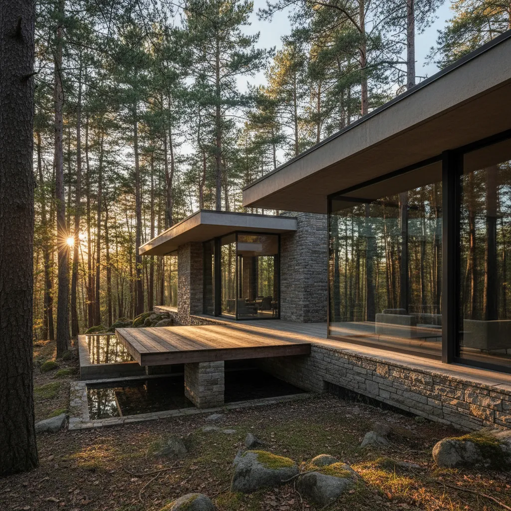 Casa de piedra moderna con ventanas panorámicas