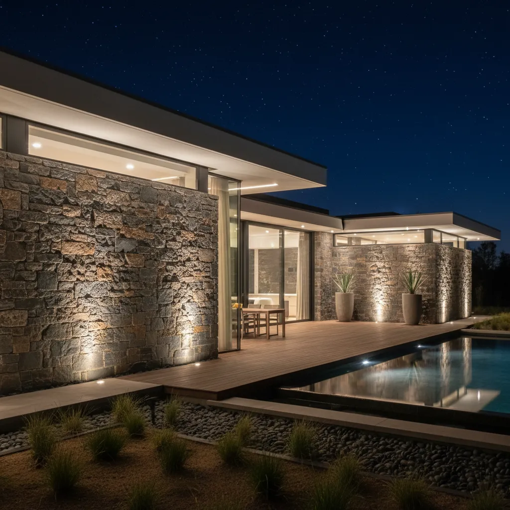 Casa moderna con iluminación nocturna resaltando la textura de la piedra