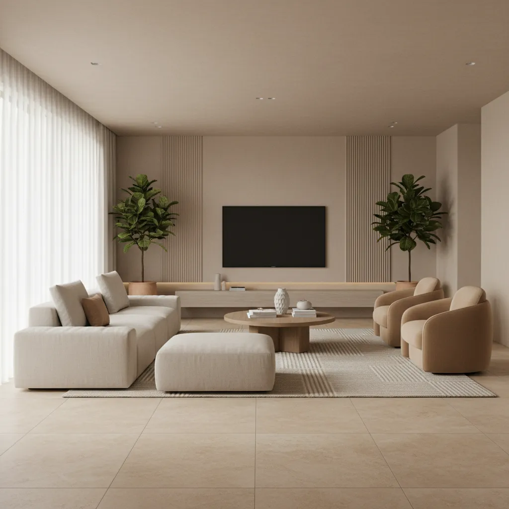 stone look porcelain floor tiles in contemporary living room