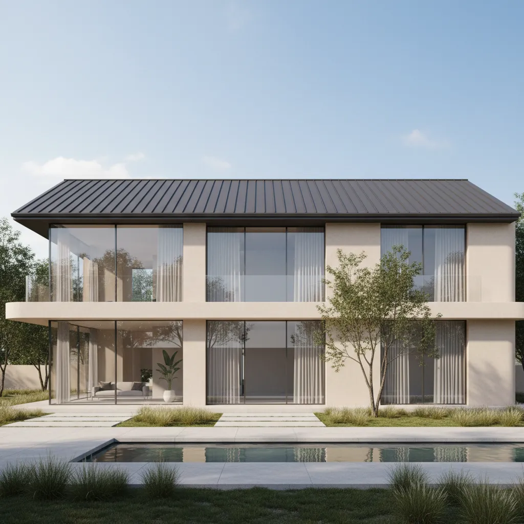 modern home showing stucco walls paired with dark metal roof