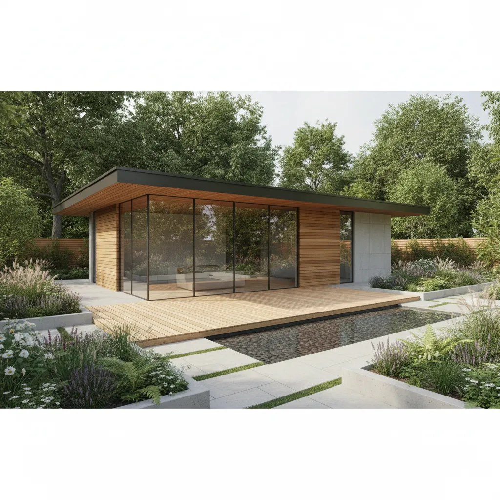 Minimalist modern summer house with large glass walls in a landscaped garden