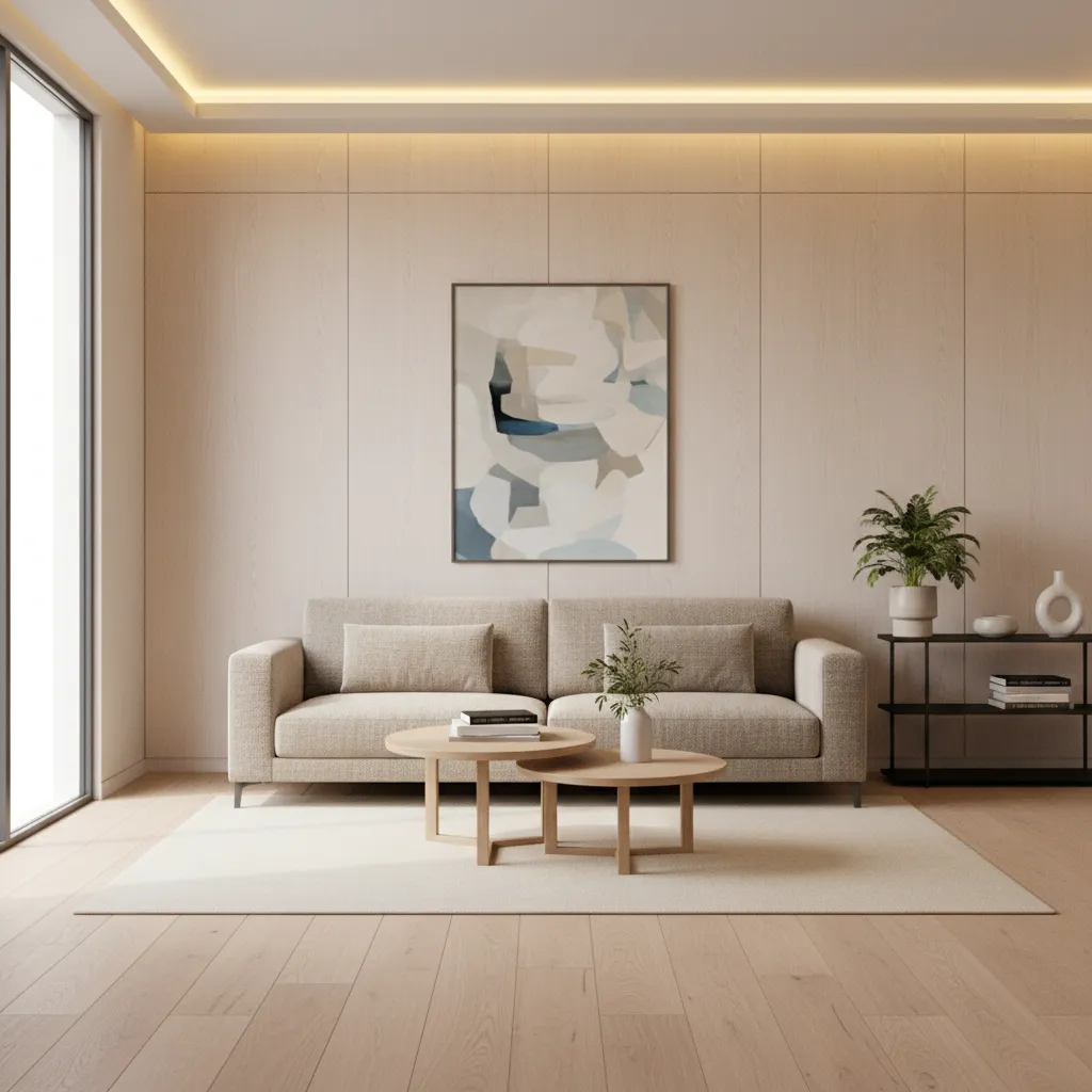 Modern living room with subtle laminate wall panels and neutral furniture