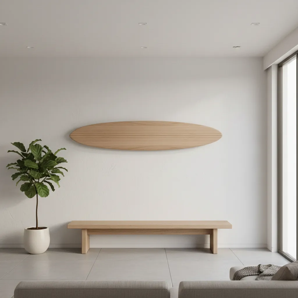 modern interior styling with surfboard wall art and minimal decor