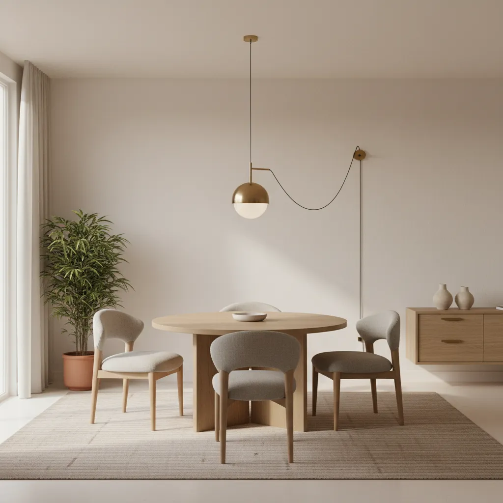 Modern dining room with minimalist swag pendant lighting and brass finishes