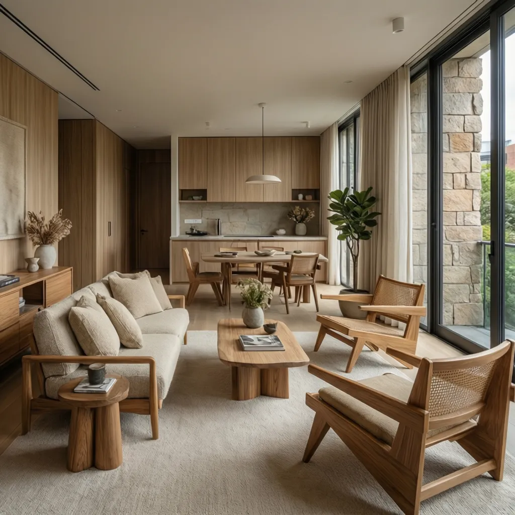 Interior moderno de apartamento en Sydney con materiales naturales
