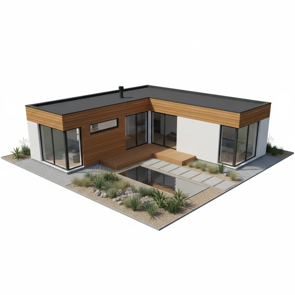Exterior of a modern T shaped house with two perpendicular wings