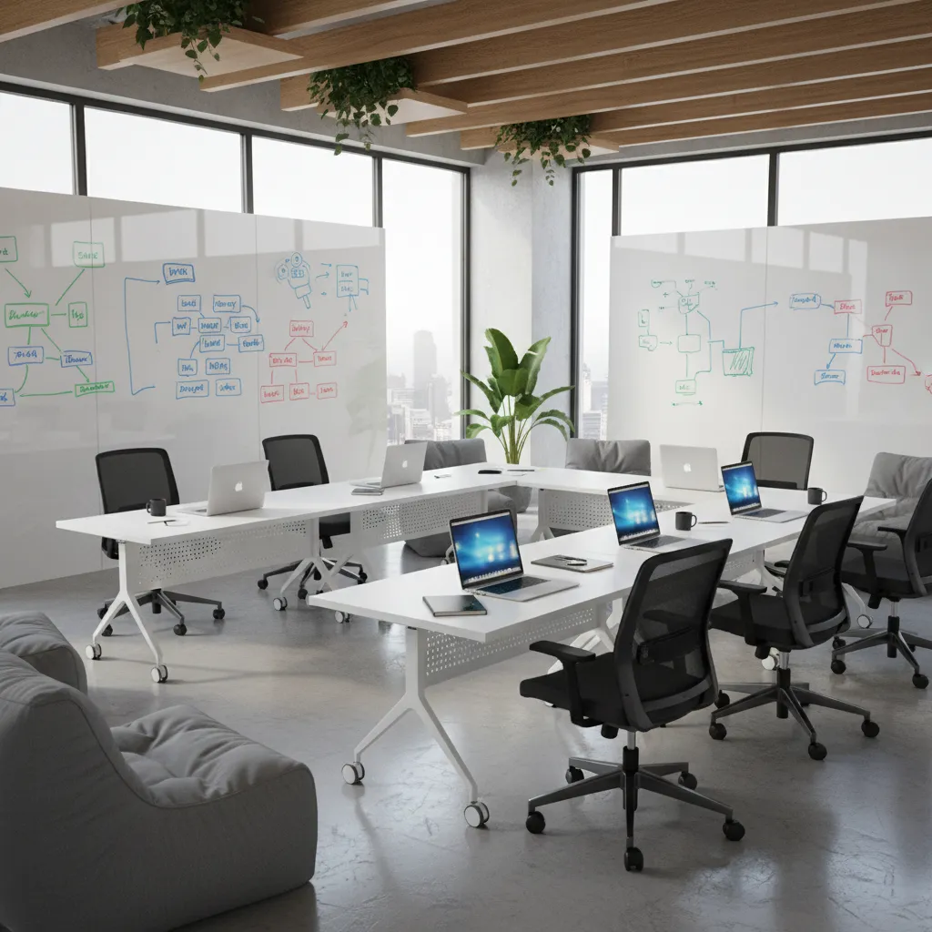 Modern tech company meeting room with modular tables whiteboards and collaborative workspace layout