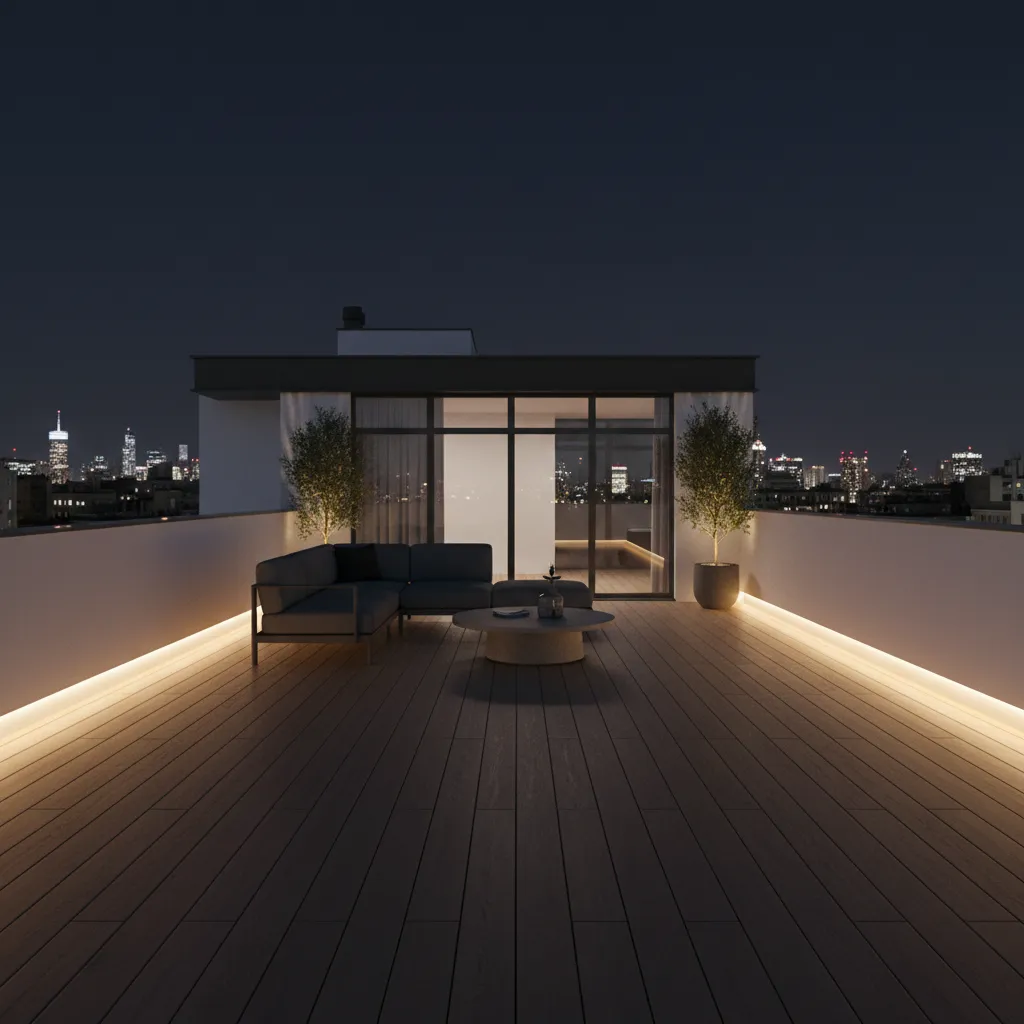 Modern rooftop boundary wall with integrated LED lighting at night