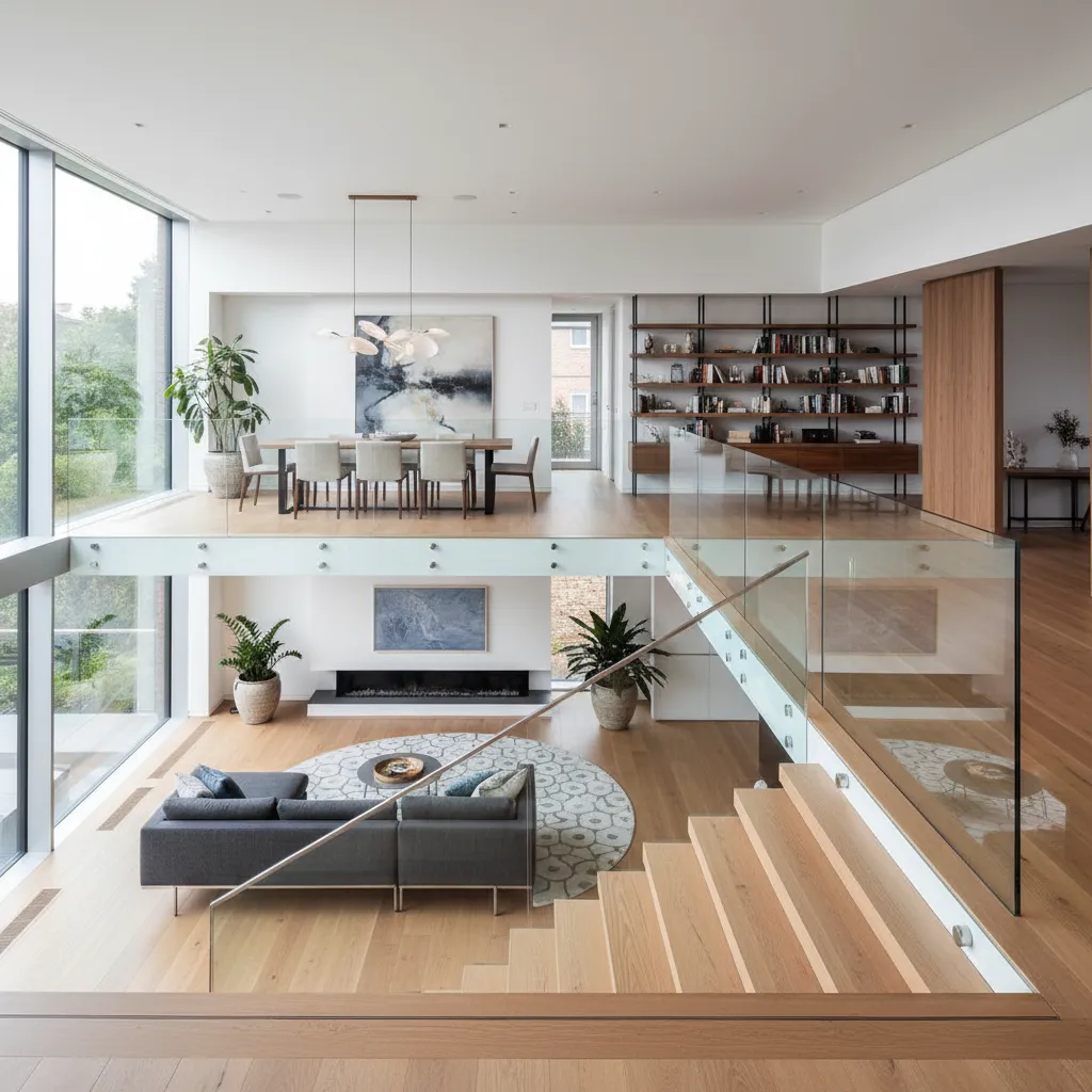 Interior moderno con diferentes niveles conectados visualmente
