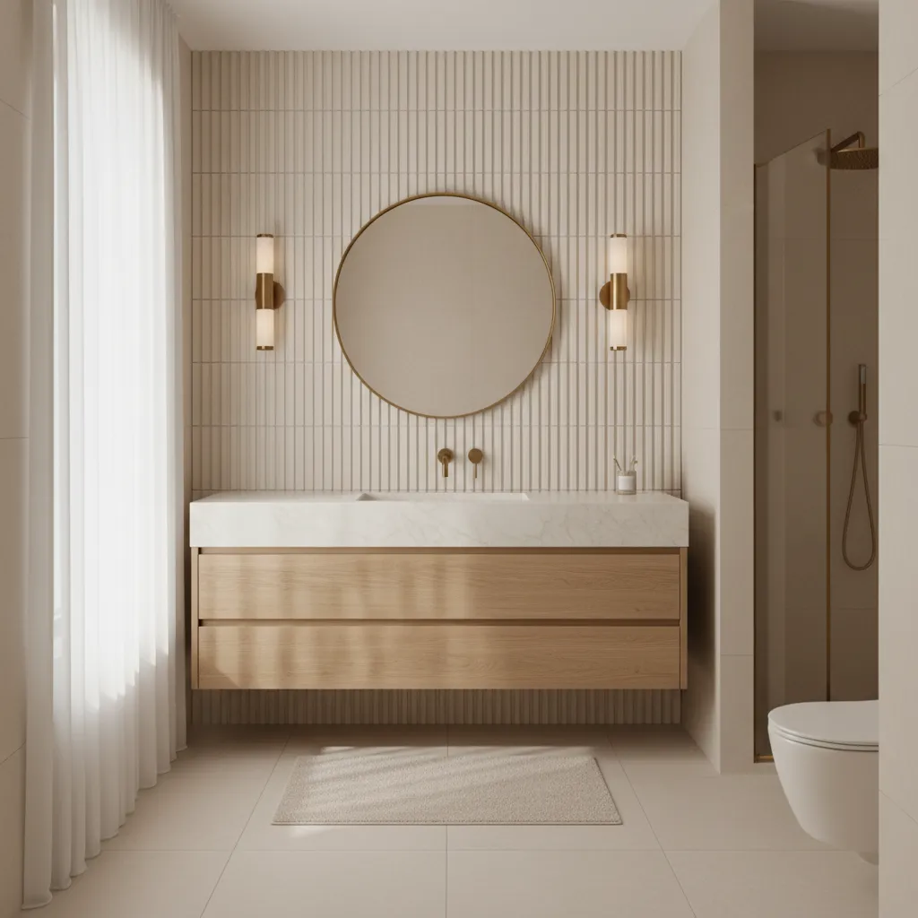 modern cream bathroom with textured tiles and wood vanity