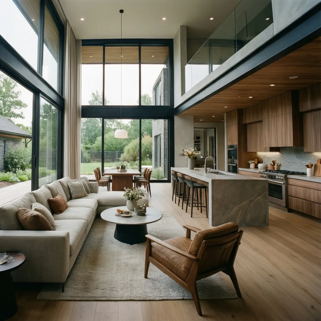 Interior moderno de casa con sala y cocina abierta