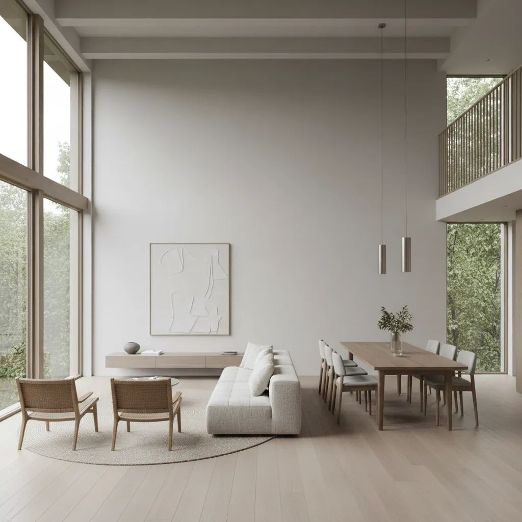 Sala y comedor integrados en una casa moderna de tres niveles