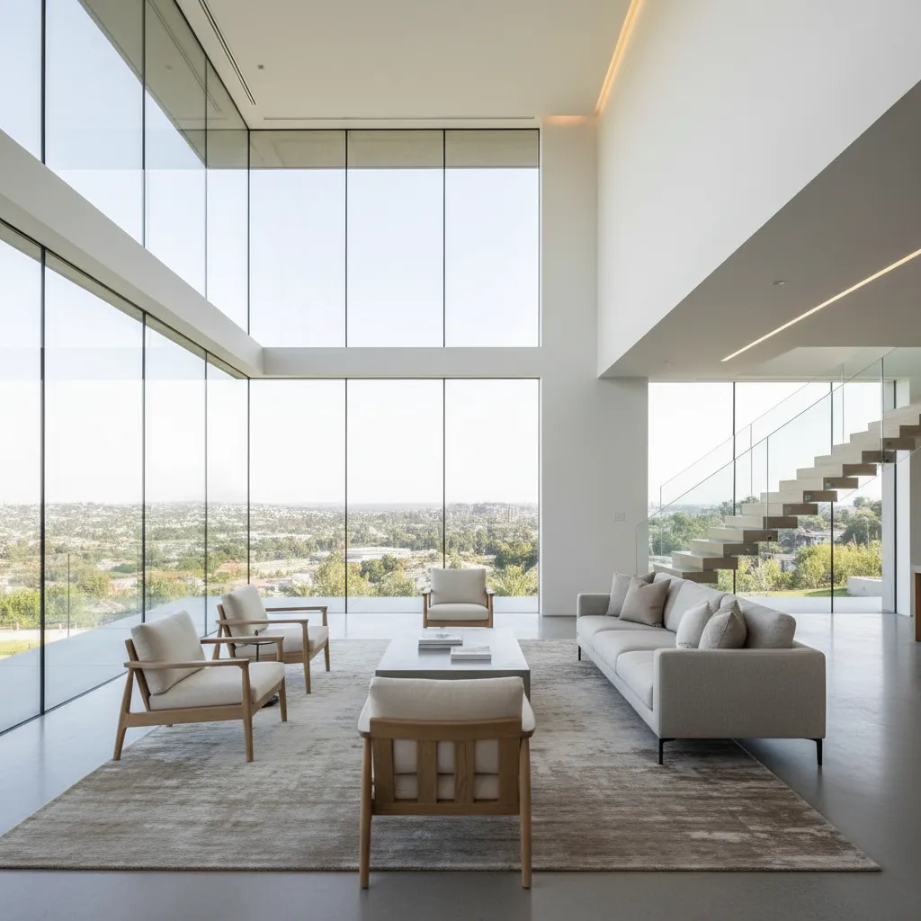 Sala de estar moderna en casa de tres plantas con grandes ventanales