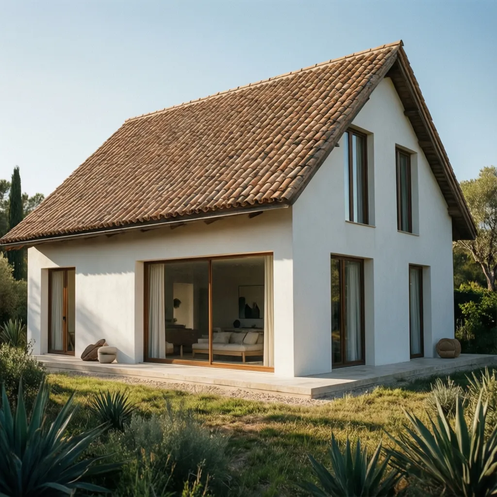 Casa contemporánea con tejado de teja y fachada minimalista
