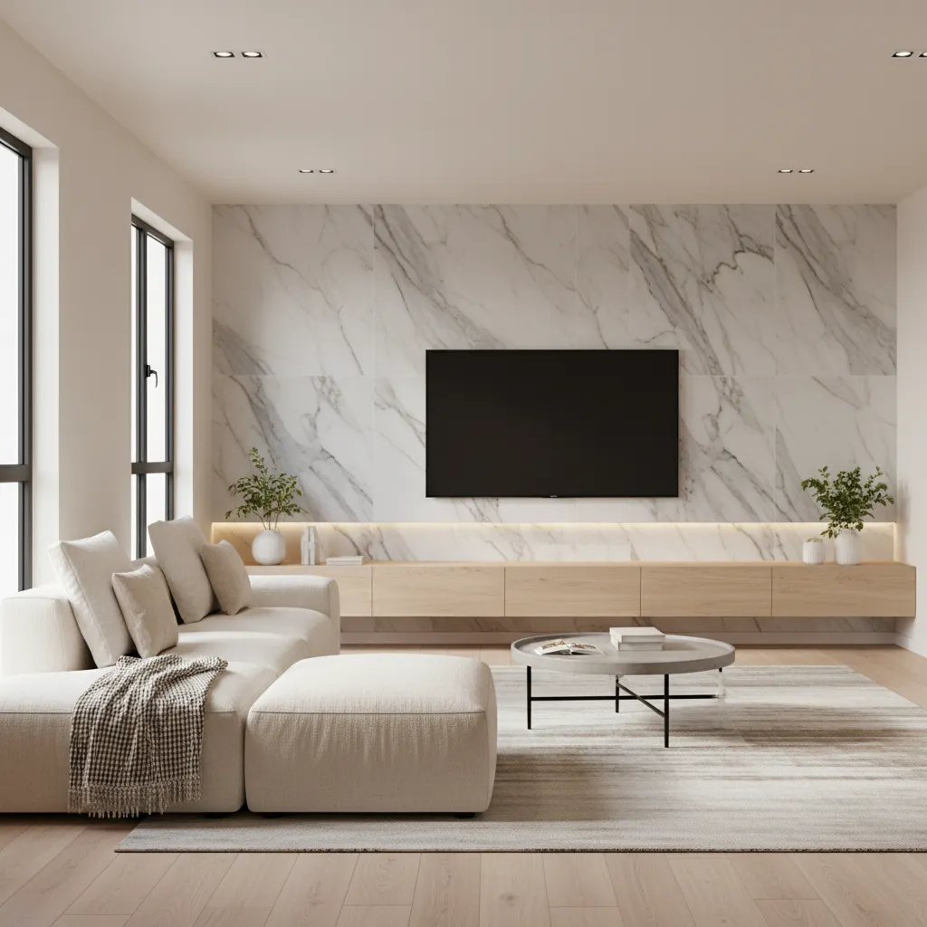 Modern living room with marble look tile TV wall and wall mounted television
