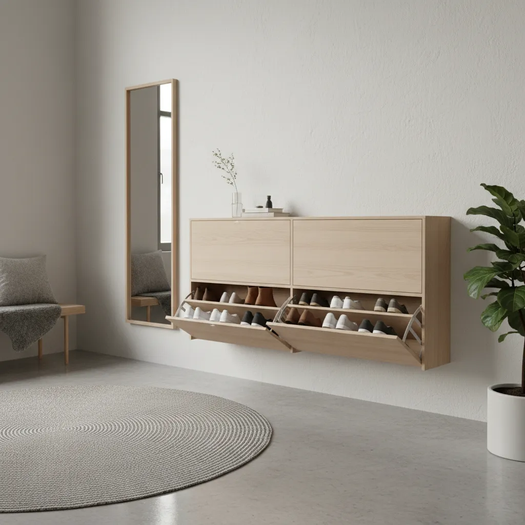 modern tilt out wall mounted shoe cabinet in small entryway