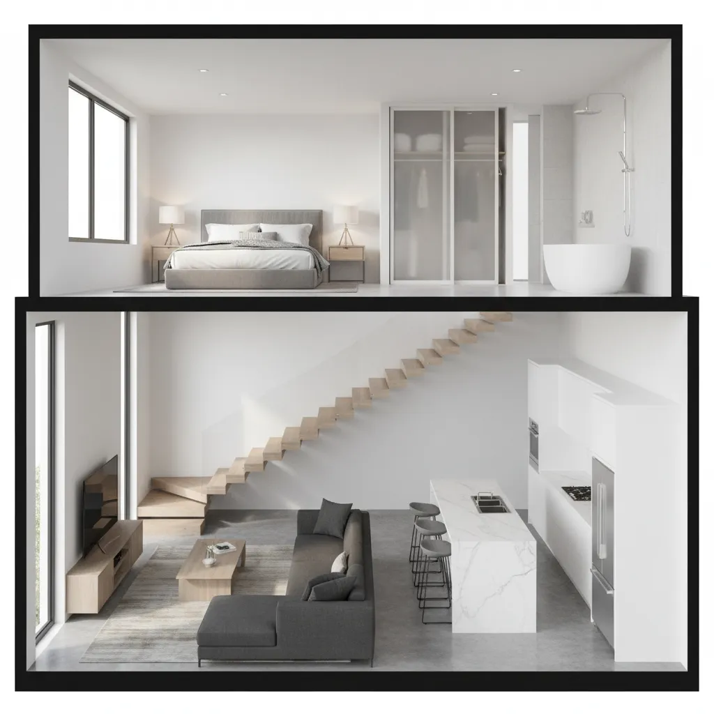 Modern two story interior design drawing showing bedroom above living room with kitchen and stairs