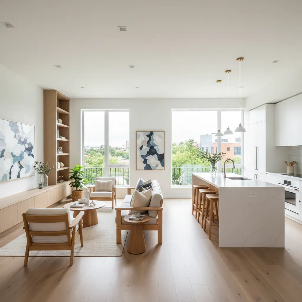 Interior moderno de casa adosada con salón y cocina abiertos