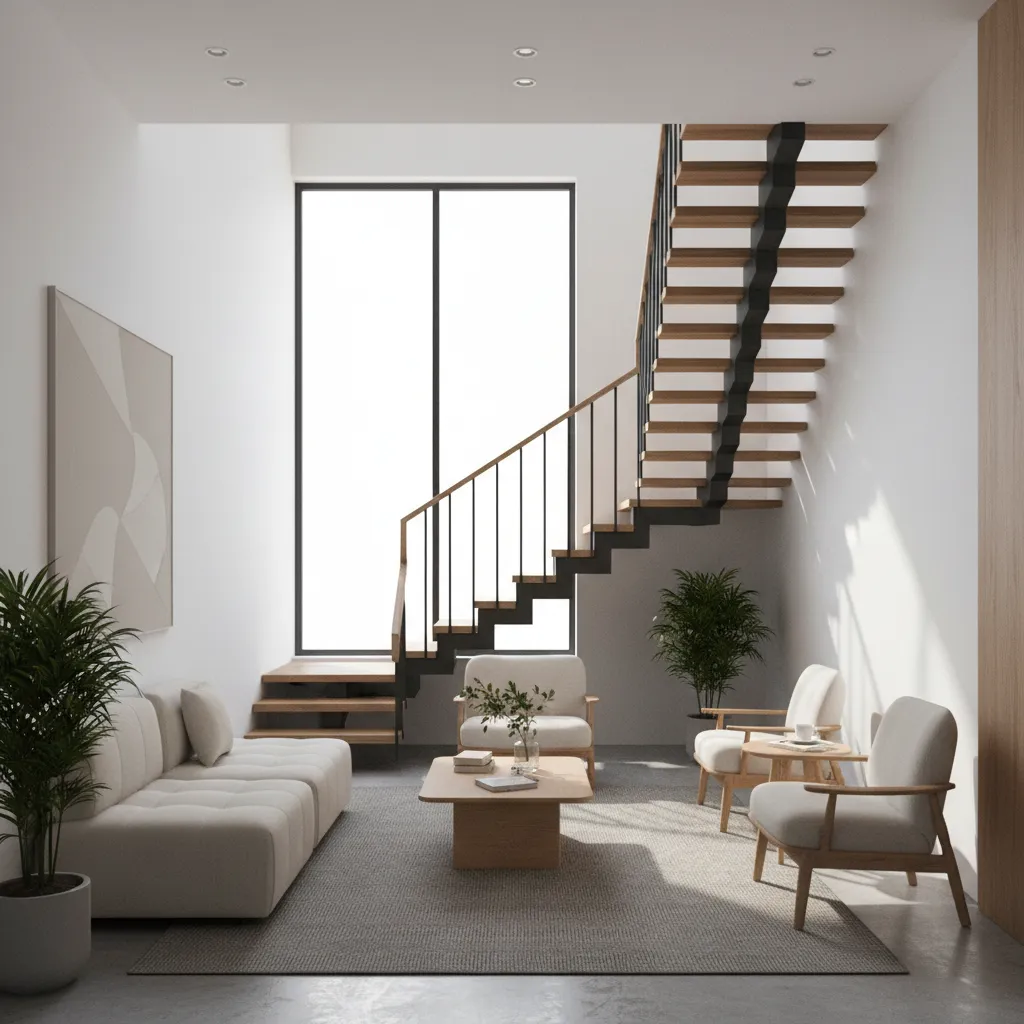 Phòng khách nhà ống hiện đại rộng rãi với cầu thang giữa nhà