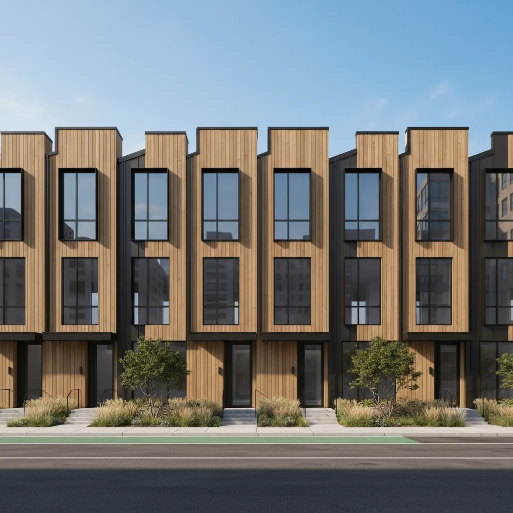 Row of modern elongated townhouses in urban infill development