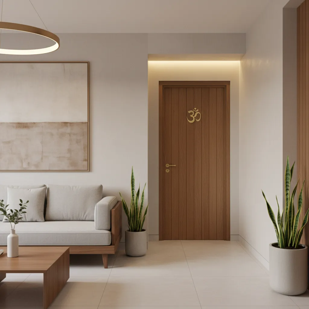 Modern home with simplified traditional pooja room wooden door