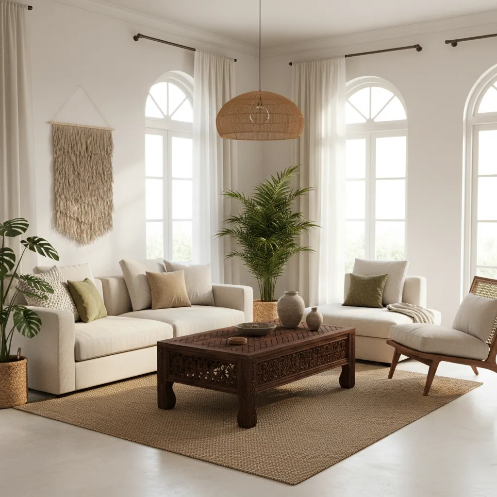 Living room mixing modern sofa with traditional Sri Lankan wooden furniture