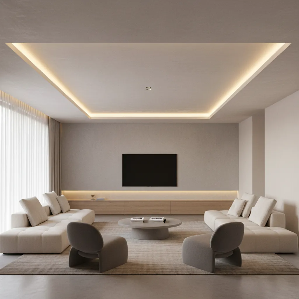 Modern living room with recessed tray fall ceiling and LED lighting