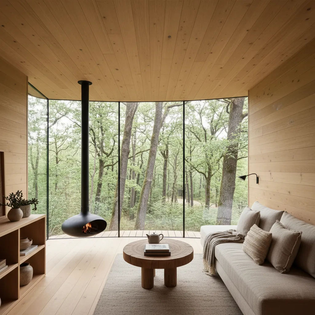 Interior moderno de una casa de árbol con grandes ventanas al bosque