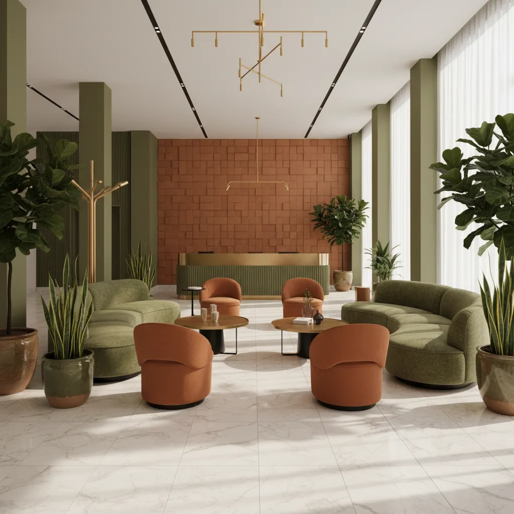 Lobby contemporáneo con tonos terracota, verde oliva y materiales naturales