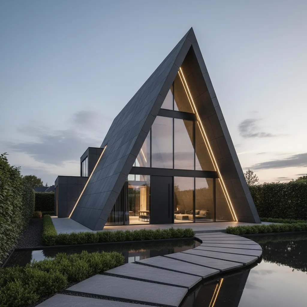 Exterior de una casa contemporánea construida en terreno triangular