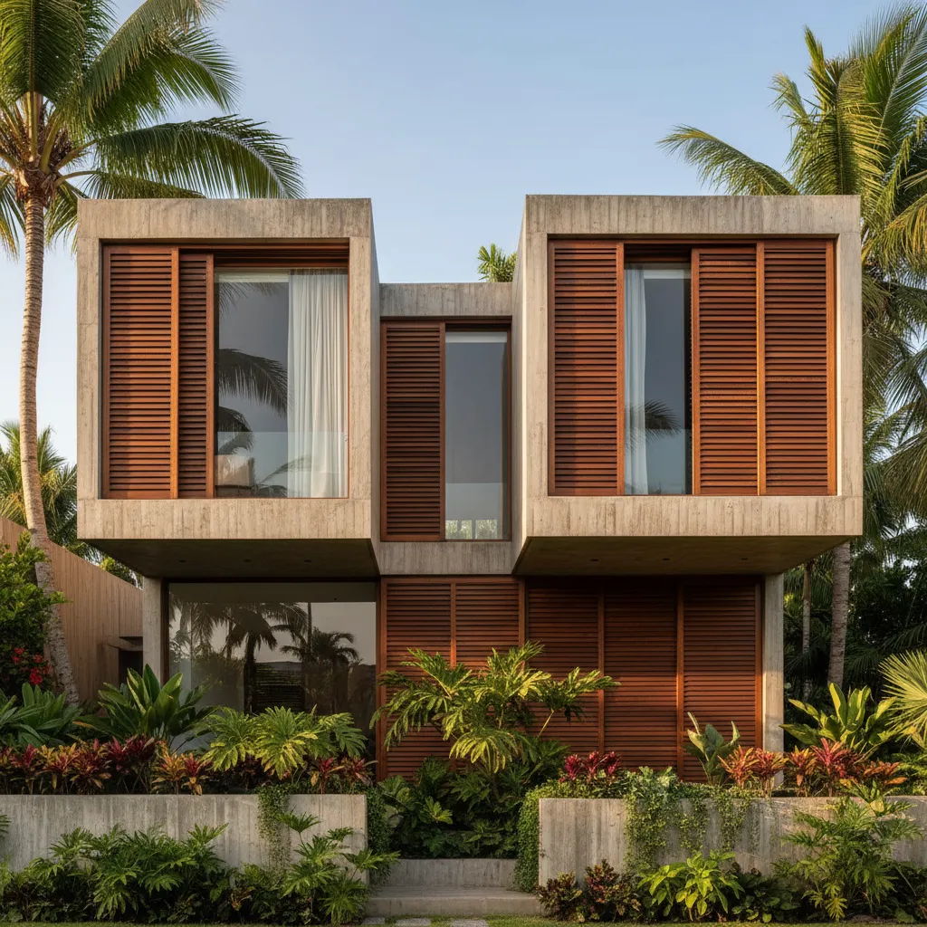Fachada moderna de casa en Puerto Rico con concreto y madera