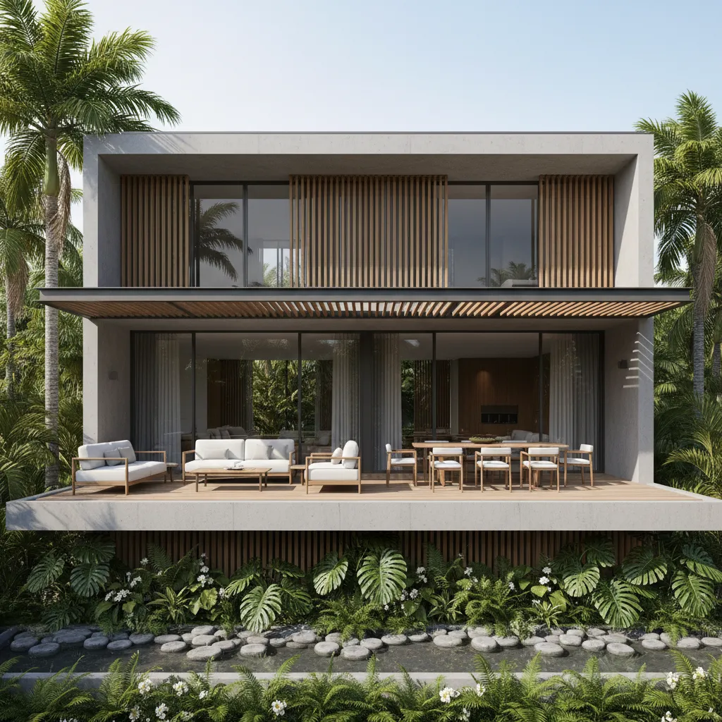 Casa moderna tropical con terraza y jardín