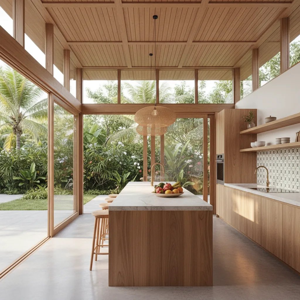 Cocina moderna abierta con isla central en una casa tropical