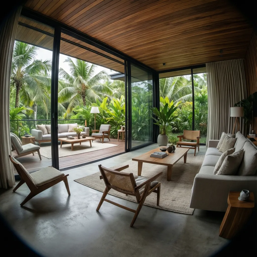 Sala moderna abierta conectada con terraza tropical