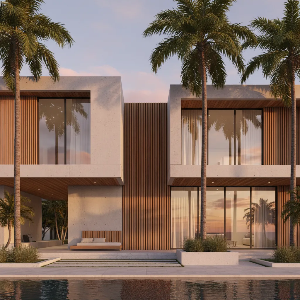 Fachada moderna con hormigón y madera tropical